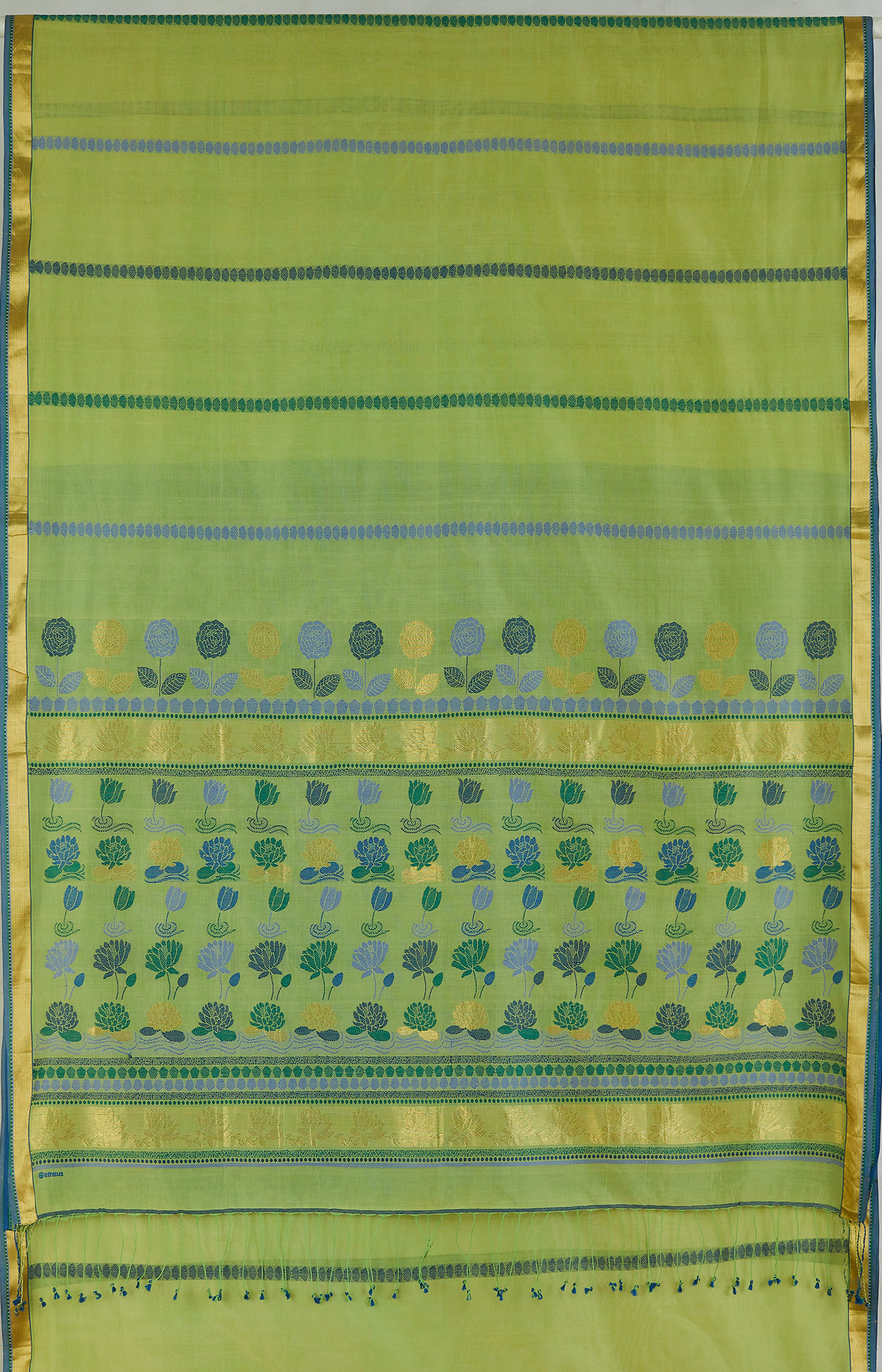 Olive Green, Handwoven Organic Cotton, Plain Weave , Jacquard, Work Wear, Jari , Striped Saree